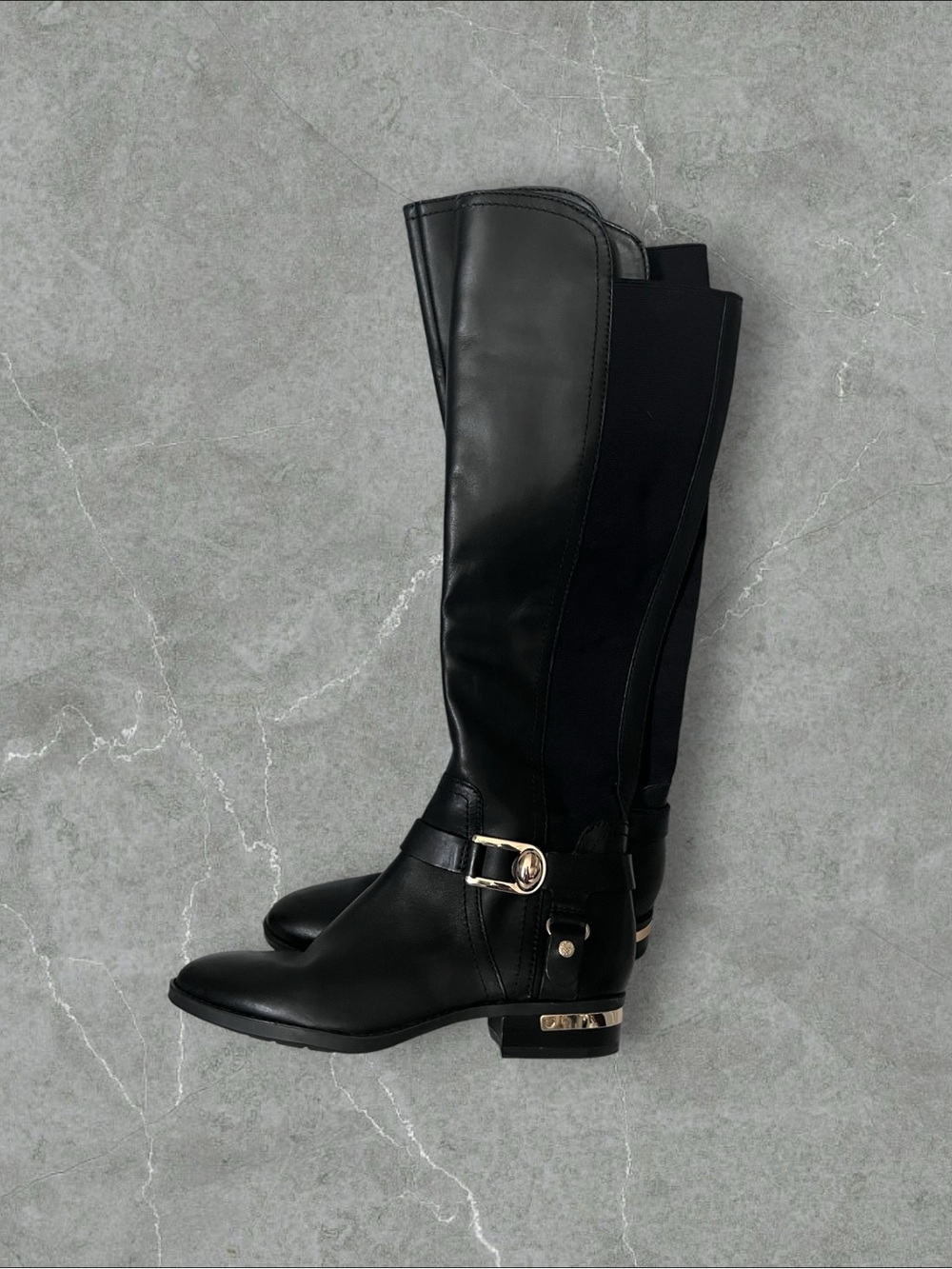 Vince Camuto Black Leather Over-the-Knee Boots with Gold Accent
